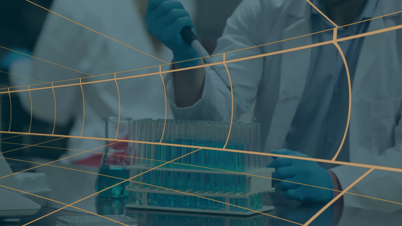 Researchers pipetting blue solution in laboratory showing animated data charts above test tube rack