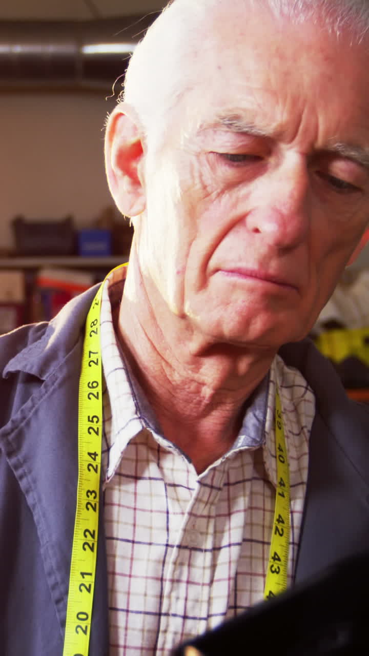 신발 제작자 가 신발 을 검사 하고 있다