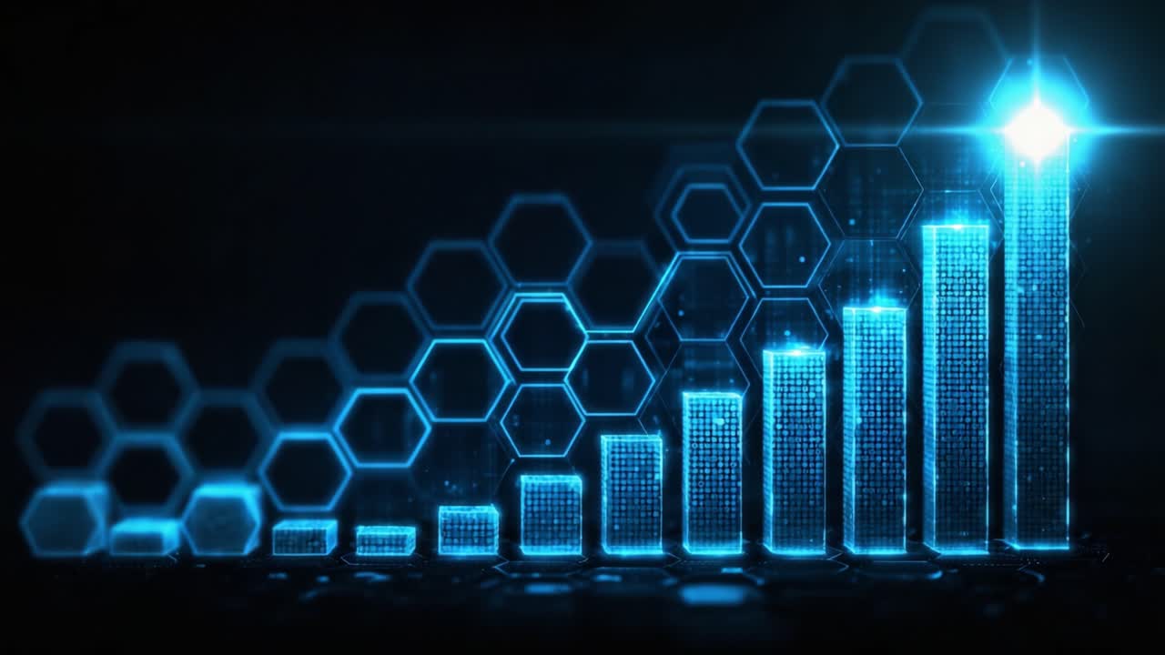 Datavisualisering av vekst over tid: En engasjerende graf som viser stigende trender og progresjon, fremhevet i et futuristisk blått heksagonalt design