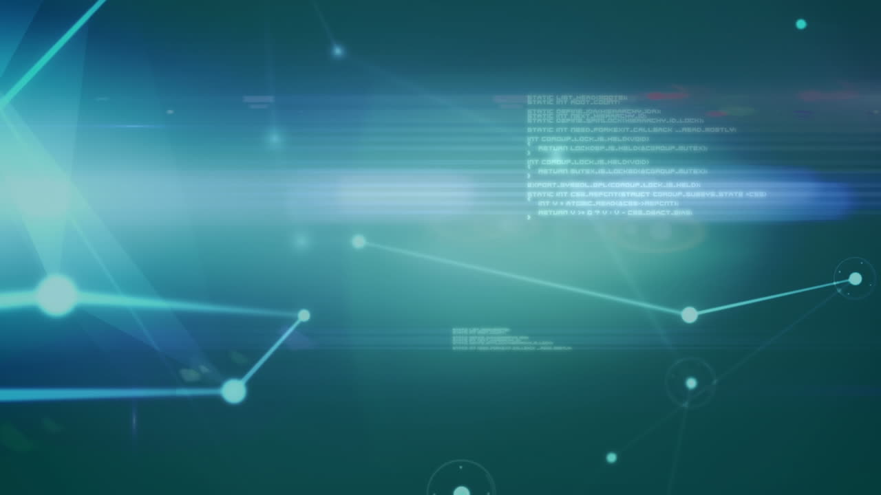 Digital animation of glowing network of connections and data processing against blue background