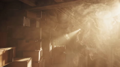 sunlight streams into a dusty attic filled with boxes