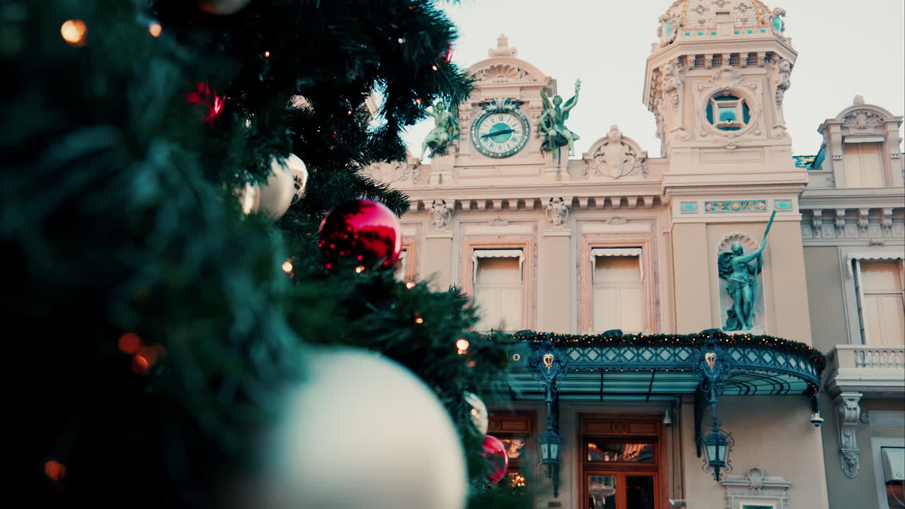 Monte Carlo , Monaco -December 23, 2024: Close up of decorations on a Christmas tree in front of the Monte Carlo Casino