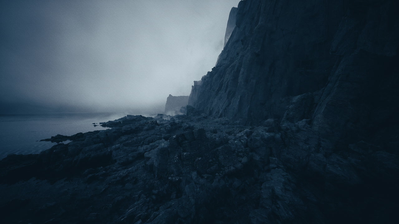 Misty rocky shores with flashing beacon and suspenseful cinematic atmosphere