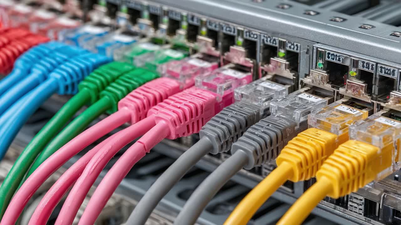 A Close-Up View of Network Cables Connected to a Switch, Showcasing a Colorful Array of Ethernet Cables in Various Colors for Data Transmission