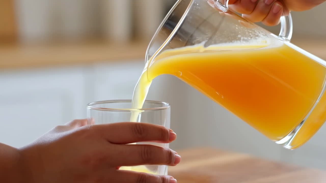 Primo piano: succo d'arancia versato in un bicchiere, brocca trasparente inclinata sul bordo, mano adulta che stabilizza la tazza su una superficie di legno.