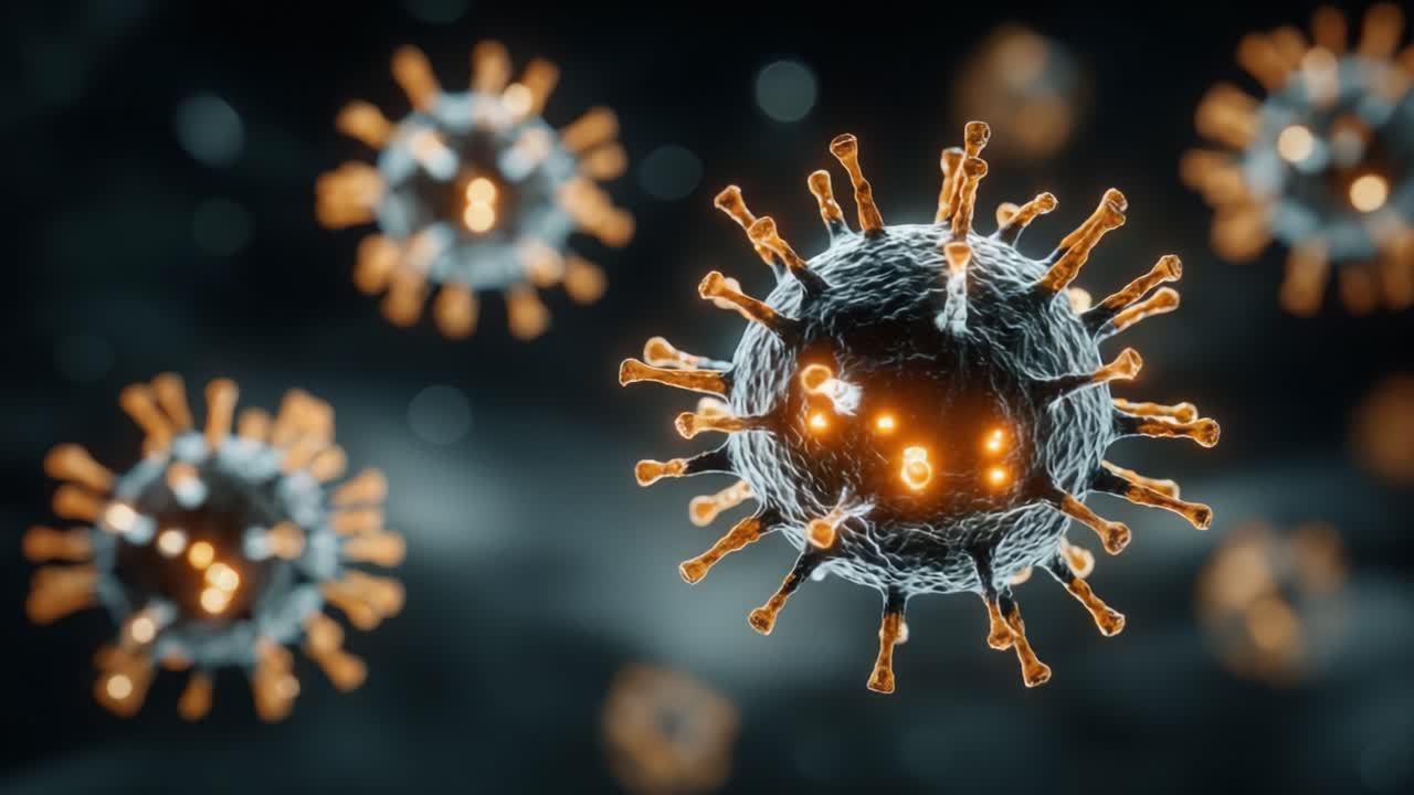 Una visualizzazione dettagliata di particelle virali sotto forte ingrandimento, che mette in mostra la loro struttura distinta e le proteine di superficie con complesse caratteristiche molecolari.