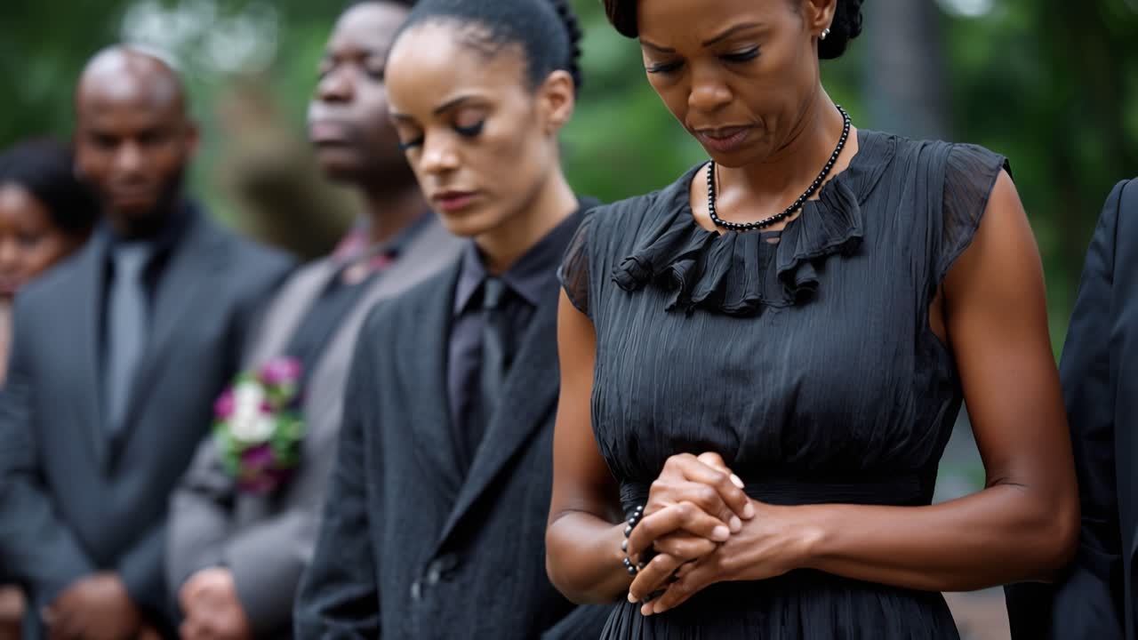 Mourners stand solemnly in a line. Hands clasped, eyes lowered, grief holds them. Silent tribute to loss. Natural light enhances quiet dignity. Use for funeral scenes or somber moments