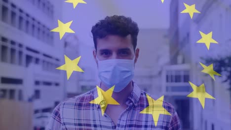 Animación-De-La-Bandera-De-La-UE-Ondeando-Sobre-Un-Hombre-Con-Mascarillas.