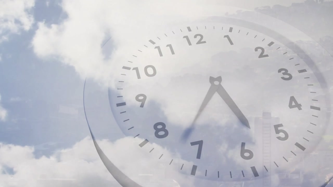 When analog clock reaching quarter triggers minute hand moving, clouds drifting to show time flow