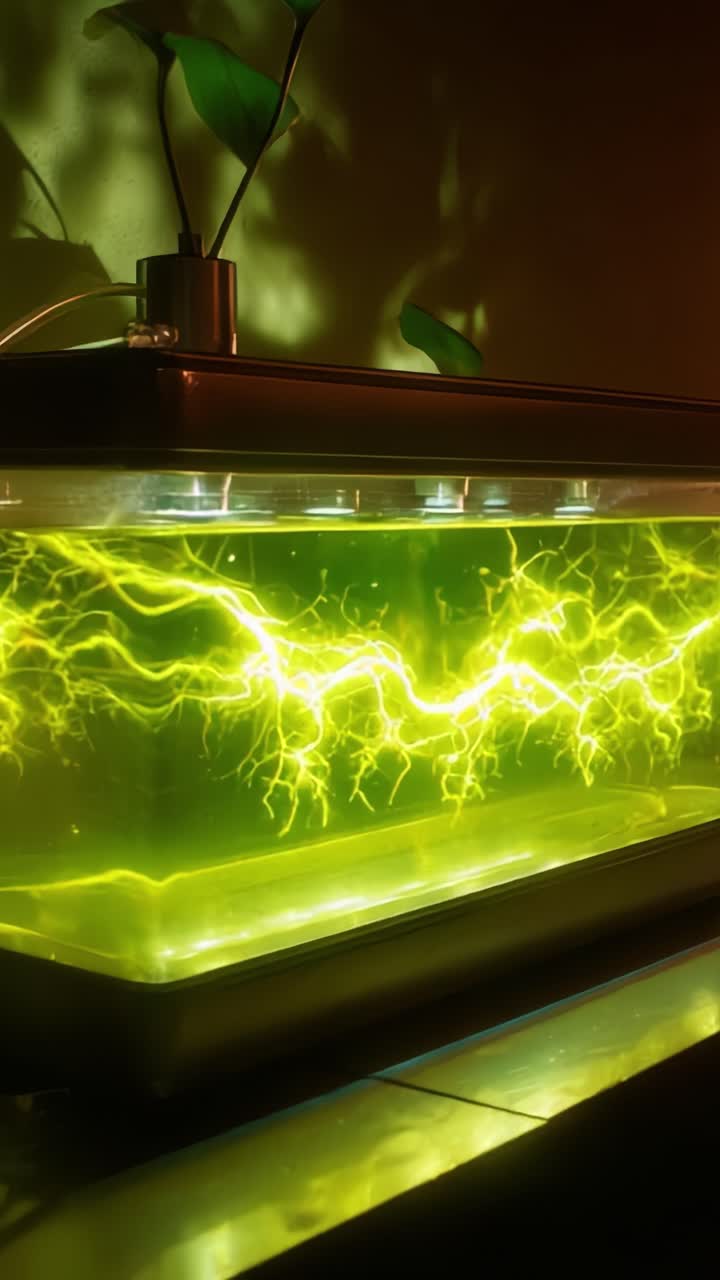 Mesmerizing Green Liquid with Electric Pulses in a Modern Aquarium Setting Displaying Unique Lighting Effects and Vibrant Natural Ambience