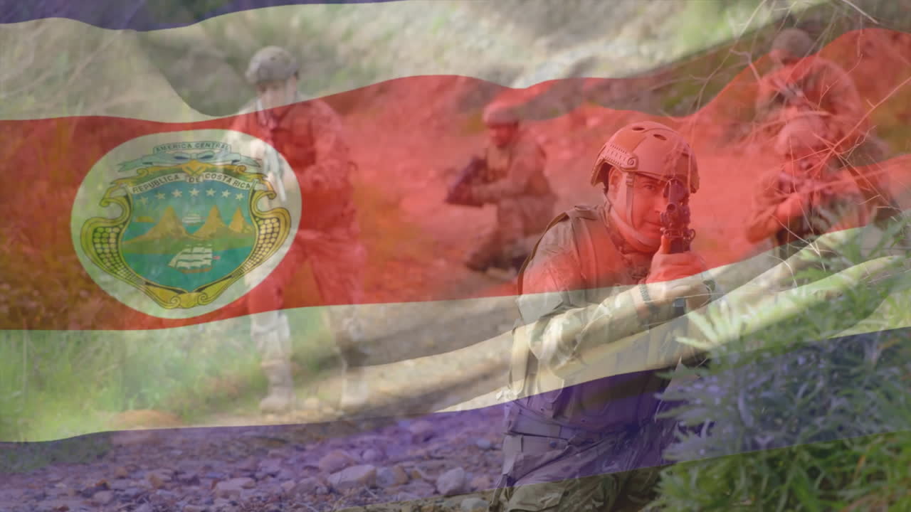 Costa Rican flag and emblem overlaying animation of soldiers in action