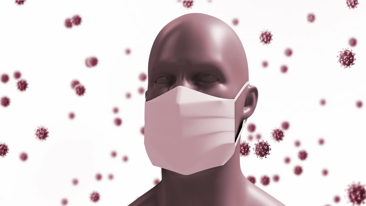 Animation of a digital human head wearing a face mask with giant virus models floating