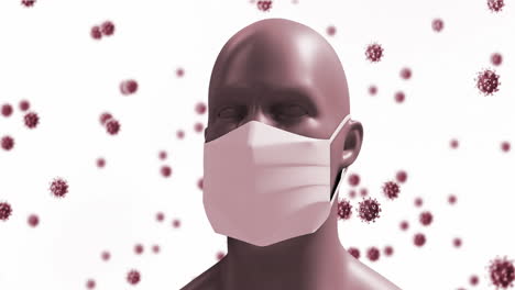animación de una cabeza humana digital con una máscara facial con modelos de virus gigantes flotando