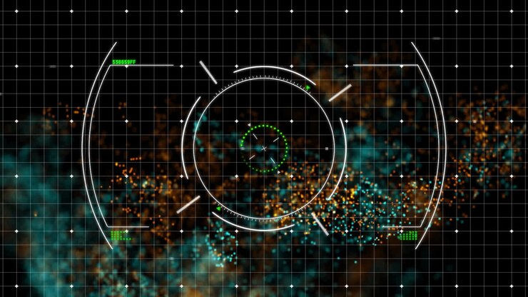 Futuristic HUD targeting reticle hovering on cosmic backdrop, displaying grid overlay and code