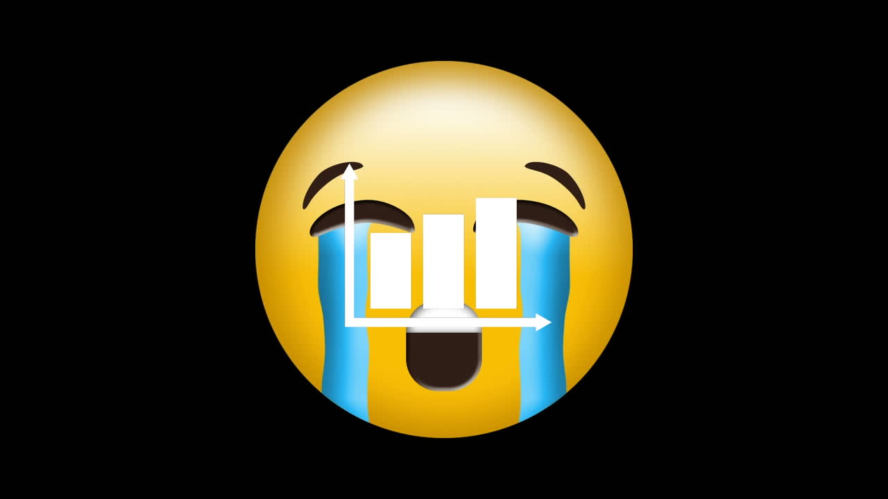 Digital animation of bar graph icon over crying face emoji against black background