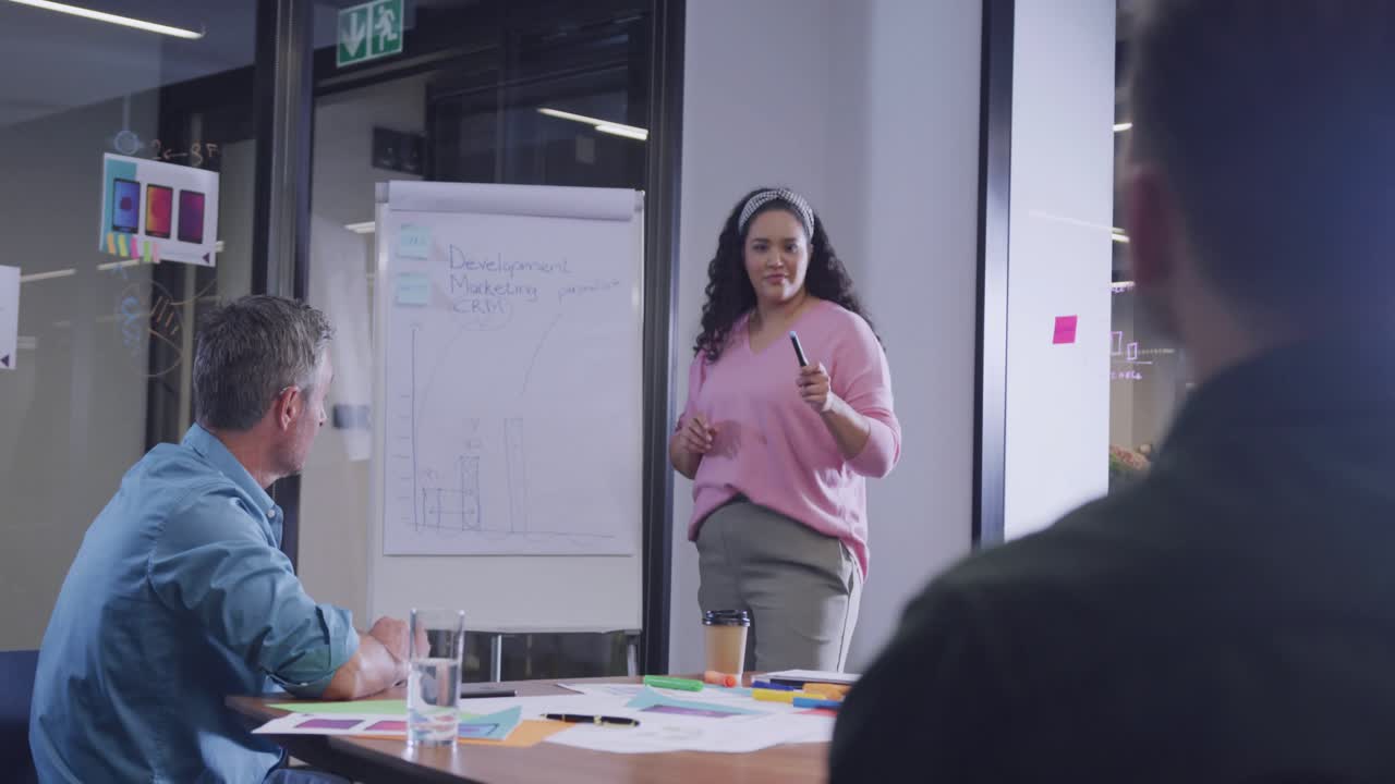 Presenter gesturing toward flip chart activating blue HUD overlay showing plan in business meeting