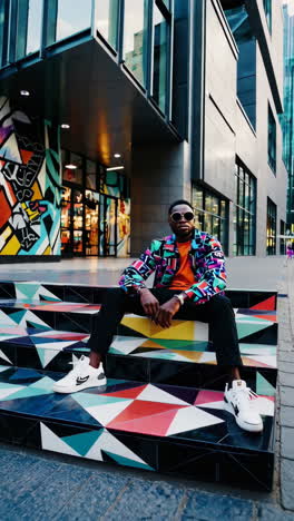 stylish man in colorful jacket sitting on vibrant steps in urban setting