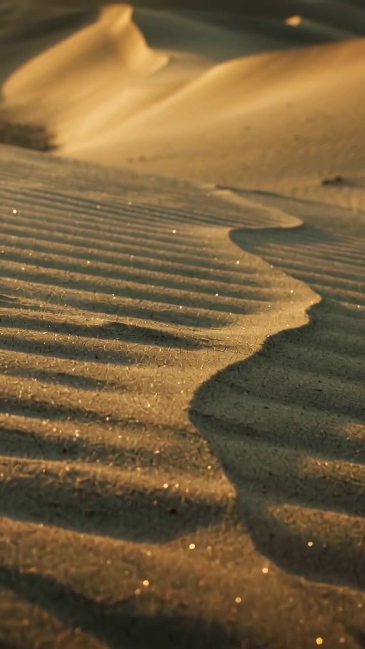 Video verticale: Una striscia di sabbia increspata sulle dune viene rivelata mentre la telecamera si allontana, evidenziando i granelli.