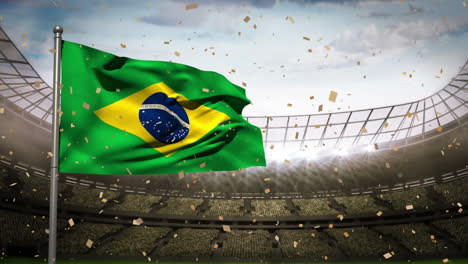 animation of confetti falling over flag of brazil at sports stadium