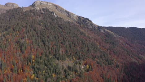 beautiful aerial shot above the lake montriond with a beautiful view of the french alps during autumn in the background