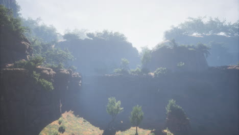 mysterious landscape with fog and lush greenery in a serene canyon setting