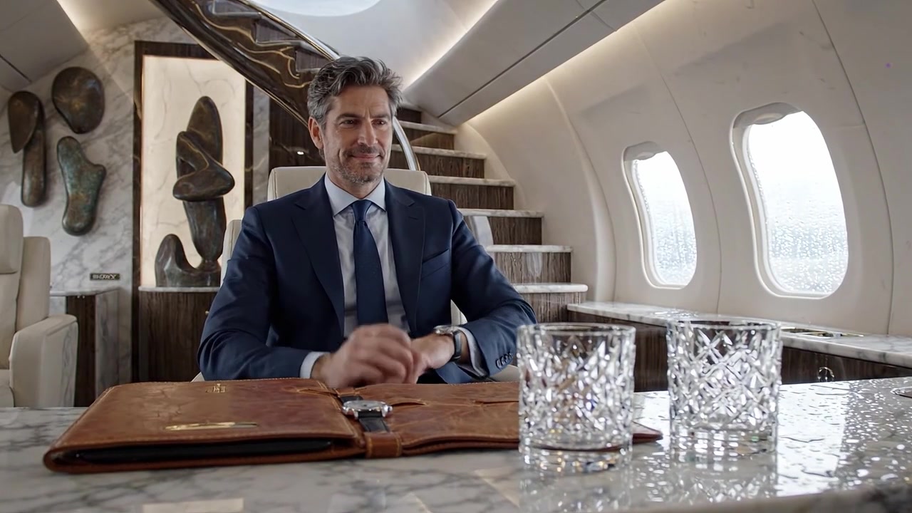 Un dirigente sofisticato all'interno di un lussuoso jet privato mostra eleganza e successo con raffinati bicchieri di cristallo e un'elegante valigetta su un tavolo di marmo.