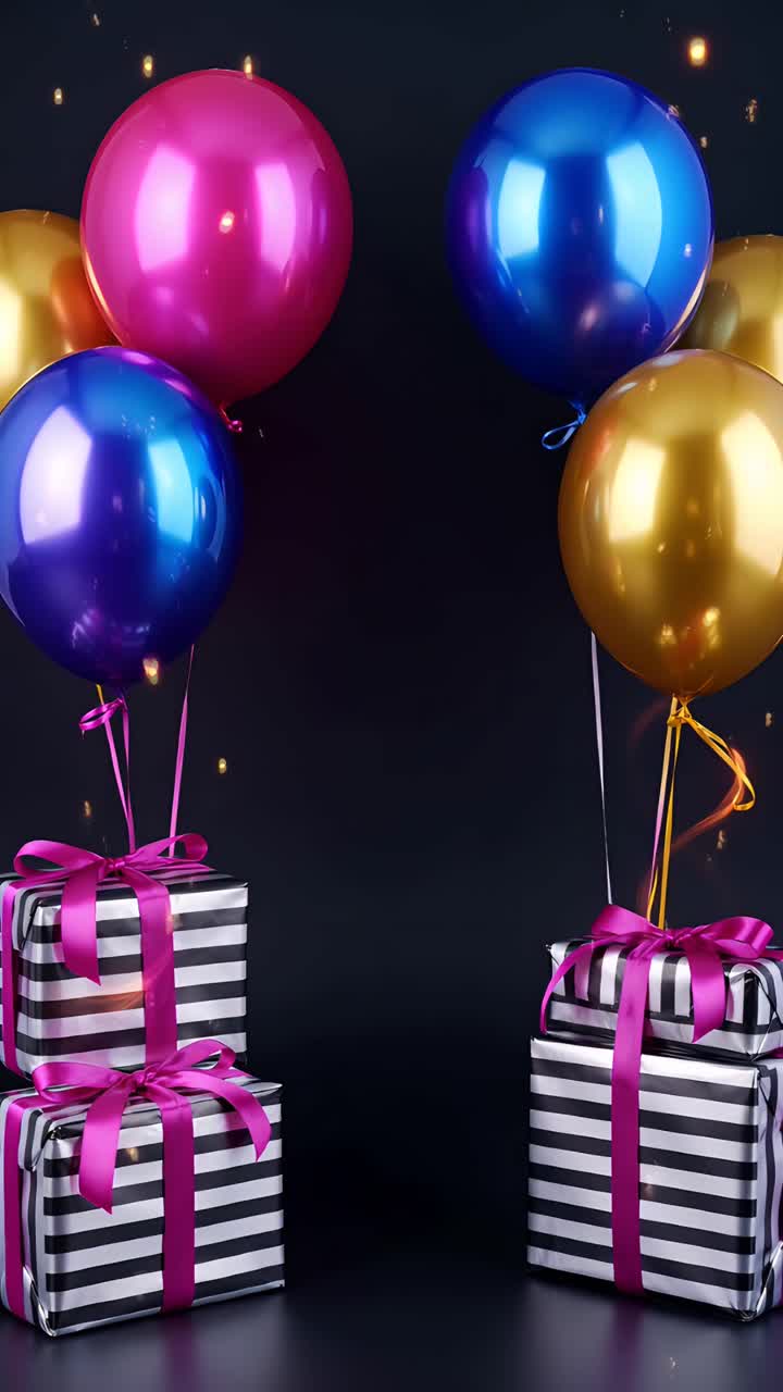 Video di sfondo di compleanno con palloncini e scatole regalo 4K