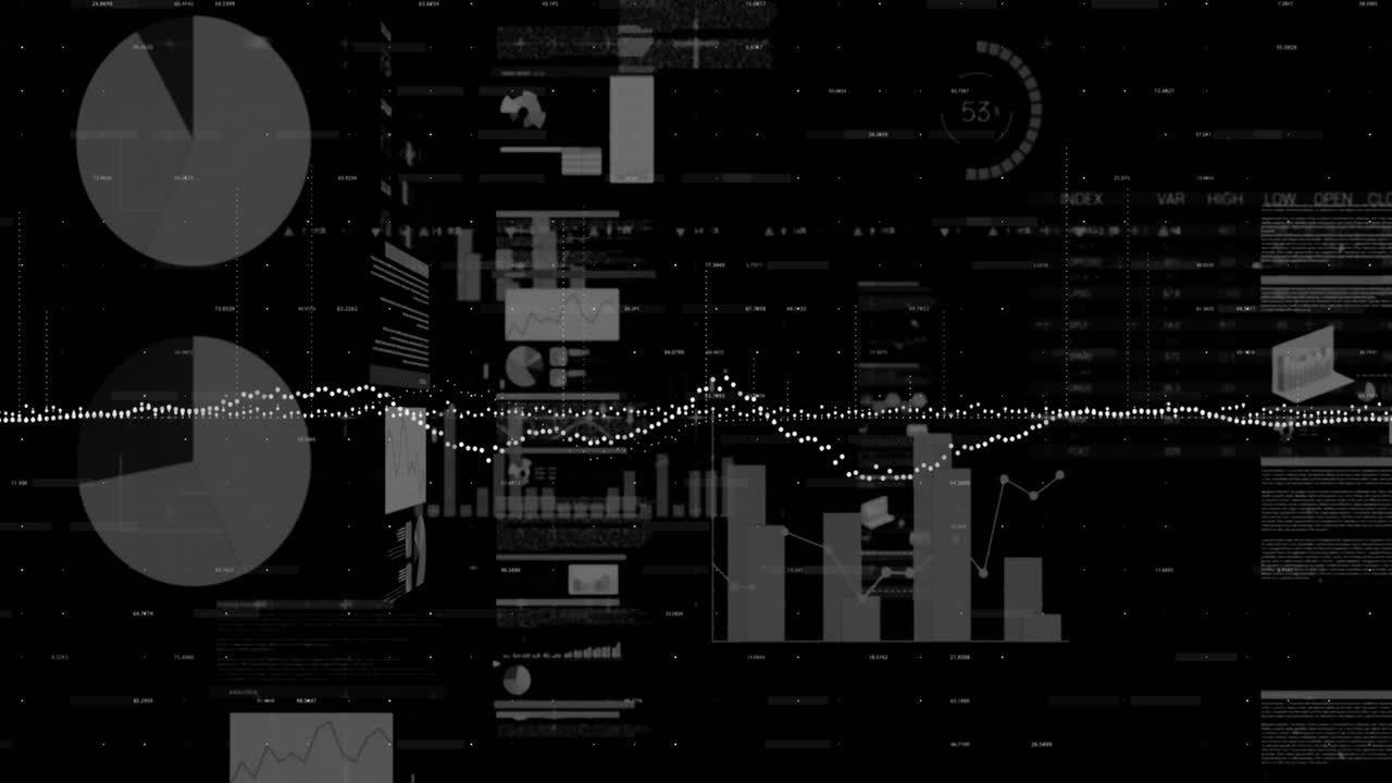 Financial data and statistical data processing against black background