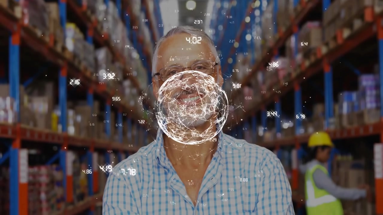 Warehouse manager standing at start data globe rotating as coworker scanning for inventory tracking
