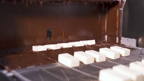 coating delicate white souffle with hot melted chocolate at the factory. candy production using cocoa. conveyor belt