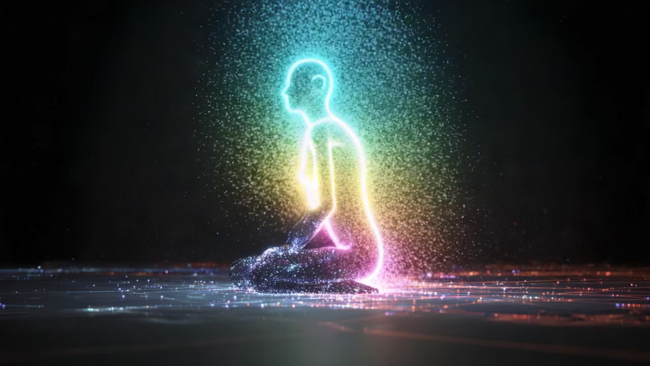 Luminous human silhouette forming from colorful rainbow particles in a dark space, representing spirituality, mindfulness, healing, and the awakening of consciousness through yoga and meditation