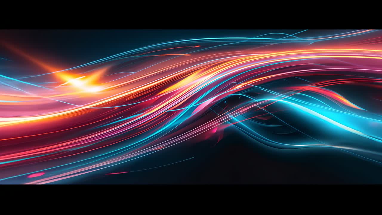 Starting playback abstract neon ribbons racing flow into digital void, forming unified glowing core