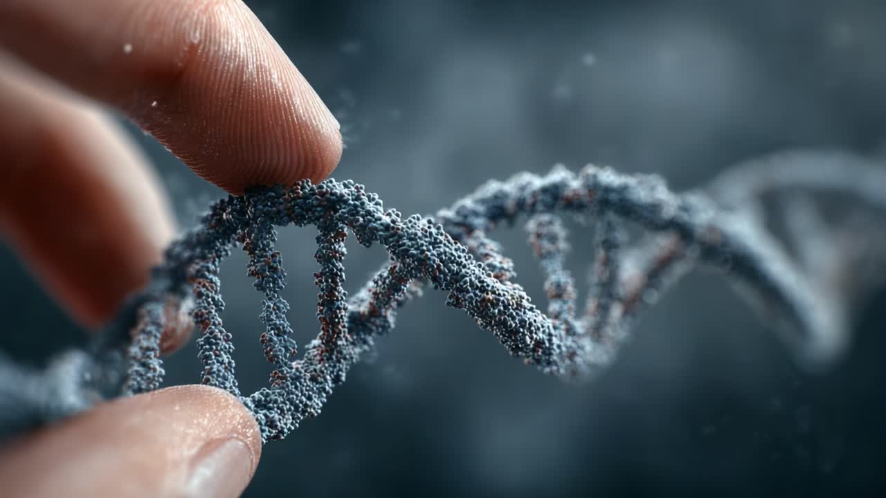 Un intricato primo piano di una doppia elica del DNA, che evidenzia la precisione e la struttura del materiale genetico in una straordinaria rappresentazione visiva.