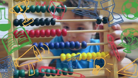 iconos del concepto de la escuela contra un niño jugando al ábaco en la escuela