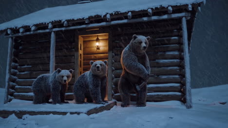 bears in a snowy cabin at night