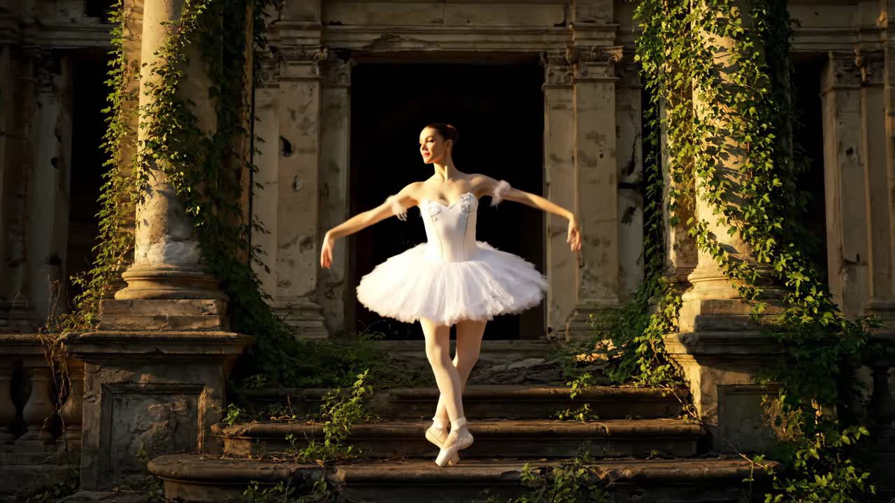 Ballerina dancing in front of an old building