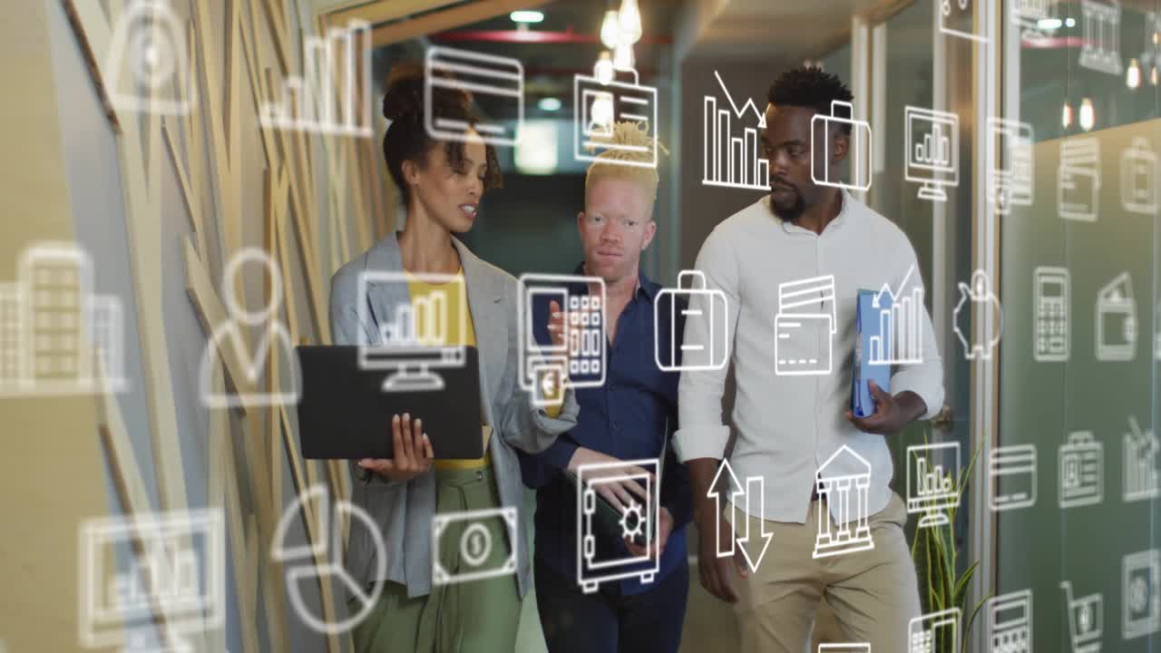 Team walking corridor, woman opening laptop, showing charts, finance icons overlaying for review