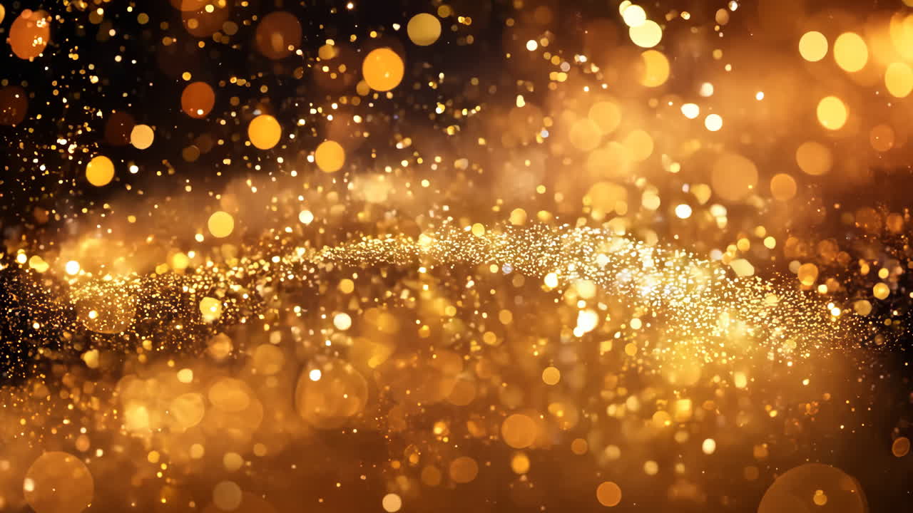 A blurry image of gold glitter with a dark background. The glitter is scattered all over the image, creating a sense of movement and energy