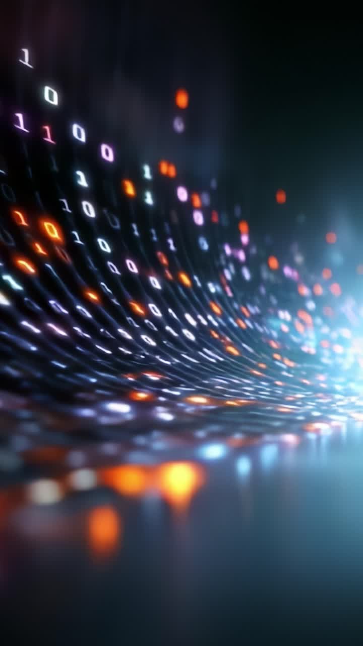 A dynamic visual representation of binary code flowing in a digital wave, illustrating the concept of data transmission and modern technology in an abstract manner