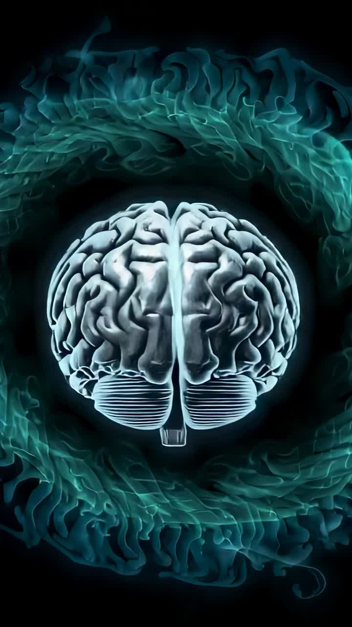 Video verticale: rotazione iniziale che mostra un cervello in 3D che ruota nel vuoto, con un anello a vortice verde acqua.