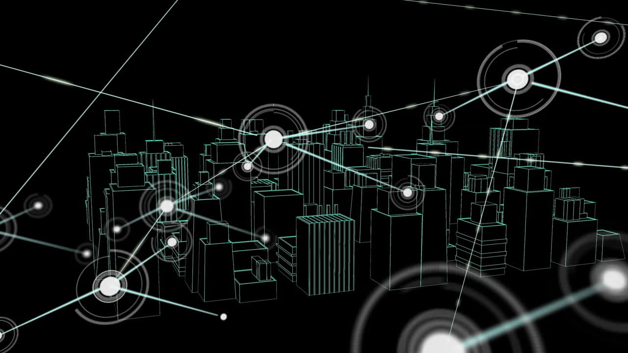 Animation of network of connections with icons over 3d city drawing