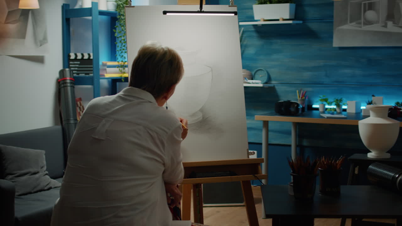 Senior woman with artistic skills drawing vase design on canvas