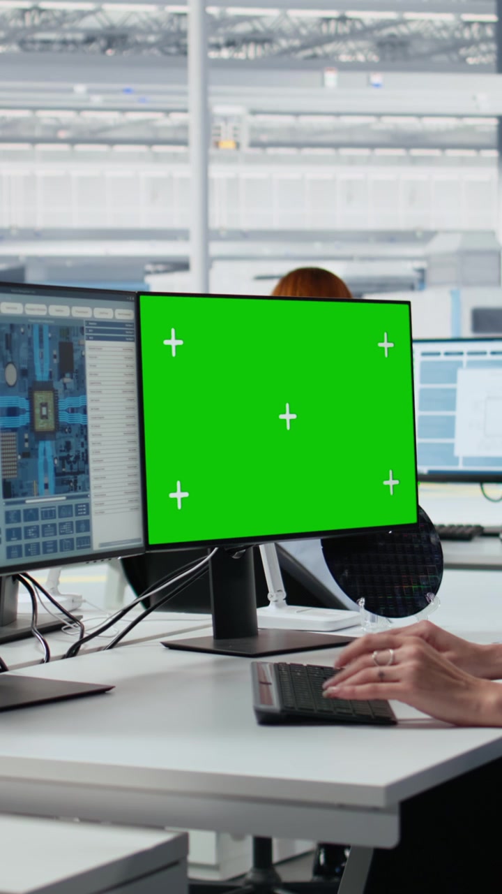 Vertikal video: Mockup grøn skærm PC brugt af kvinde på kontor i mikrochipfabrik.