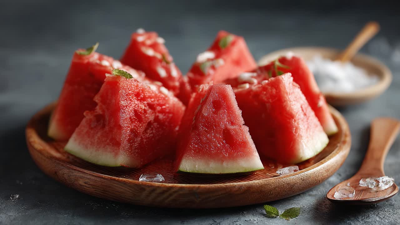 A refreshing platter of juicy watermelon slices, beautifully arranged with mint leaves, perfect for a summer snack or dessert on a stylish wooden plate
