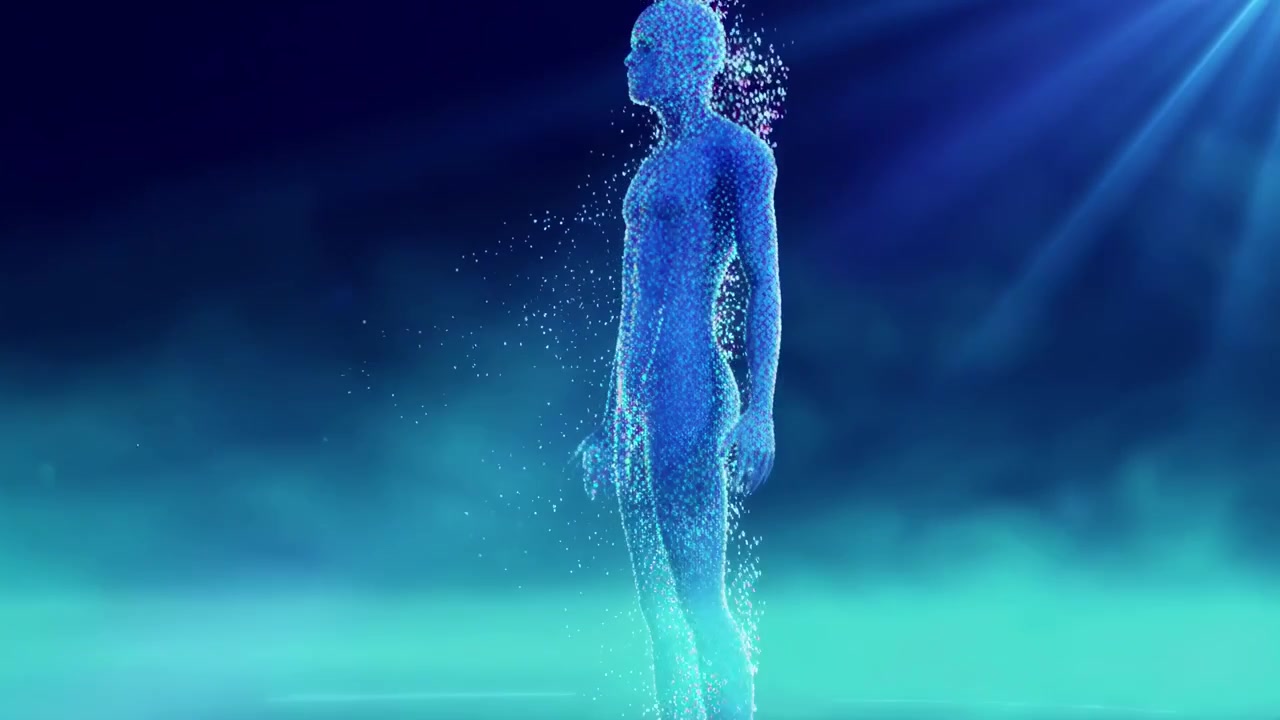 Futuristic Digital Human Figure Emerging from Data Particles