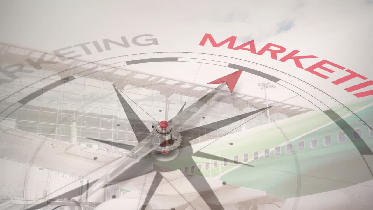 Animation of compass with marketing text over city