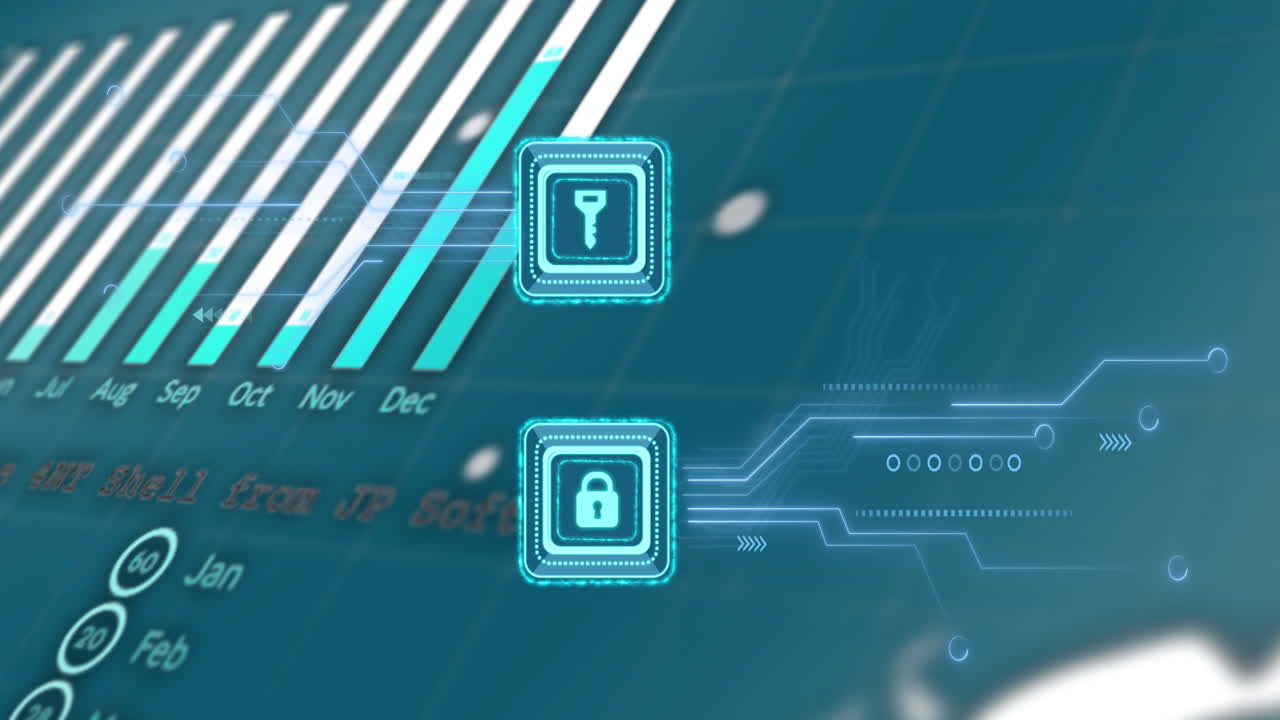 Animation of key and padlock icon over data processing and globe