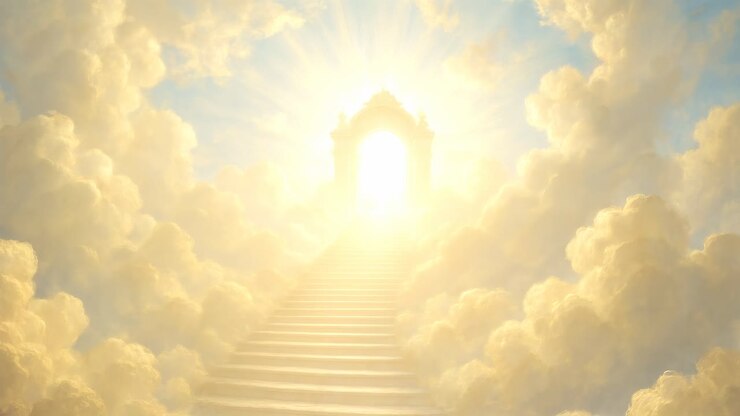 Heavenly staircase ascending through clouds to a radiant gate, captured from a low angle