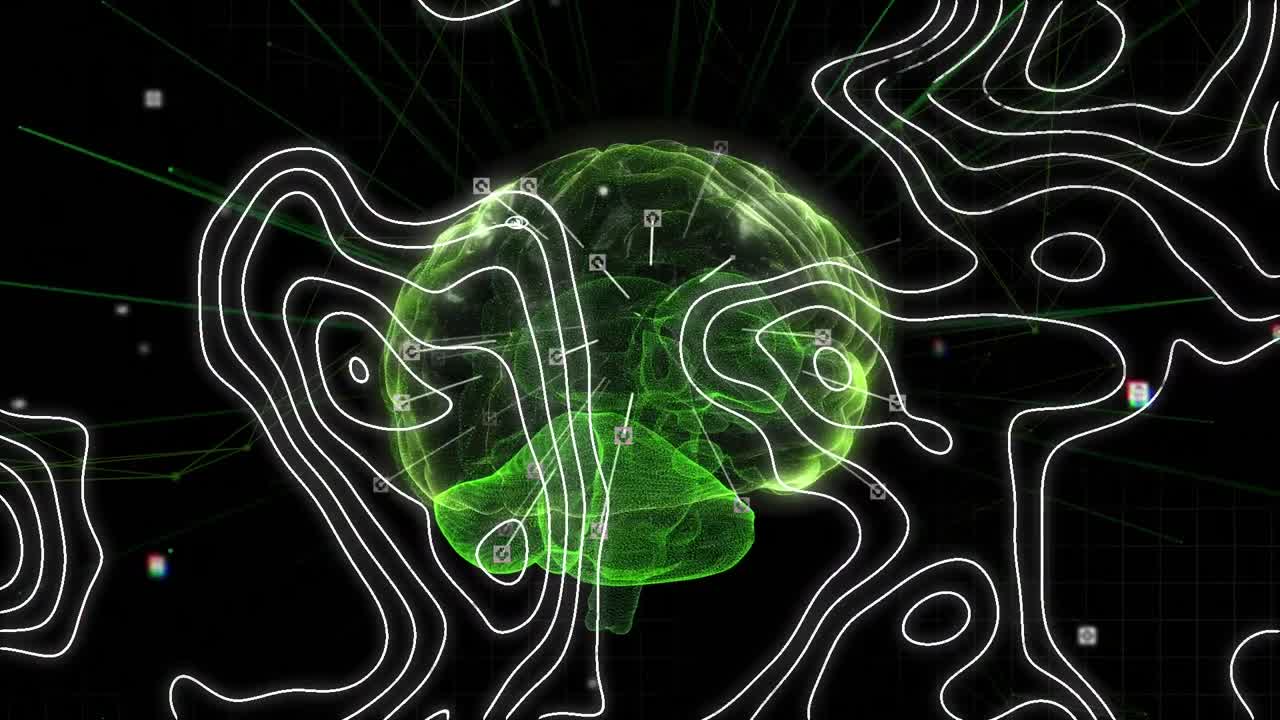 animación de líneas blancas y procesamiento de datos sobre el cerebro digital y la red de conexiones