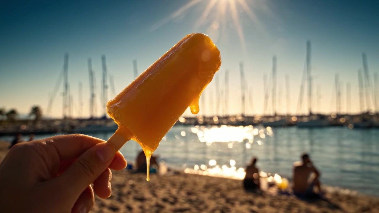 Refreshing Summer Treat: A Glorious Lemon Popsicle Enjoyed by the Beach with Sunlight Reflecting on Water and Sailboats in the Background